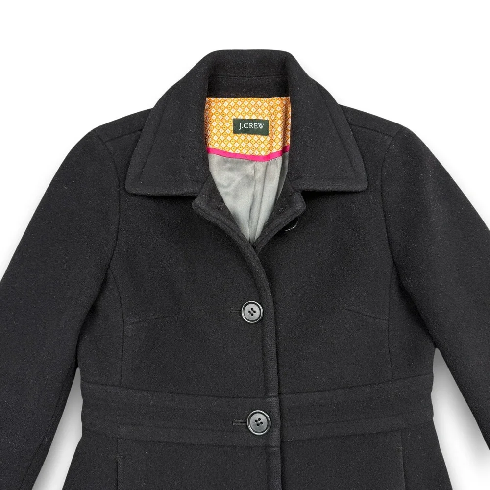 J.Crew Wool Coat Womens S Black Button Front Mid-Length Waist Tab Peacoat - Picture 2 of 11